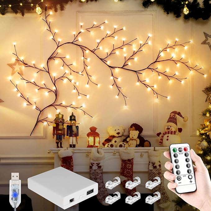 FNHMSL Enchanted Willow Vine Lights 7.55FT 144LED 1 PCS Brown Tree Branch Lights for Wall, Remote Timer,8 Light Model,Bedroom Wall Doors Wedding, Christmas, USB Battery Box