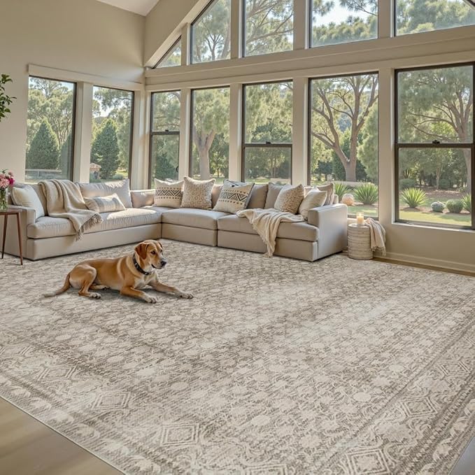 9x12 Washable Area Rug for Living Room, Extra Large Neutral Vintage Boho Rugs for Dining Room, Kids Room, Farmhouse, Durable Low Pile Non Slip Carpet for High Traffic Areas, Apricot