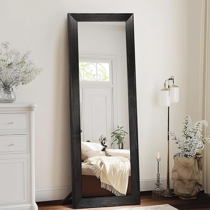 Full Length Mirror 65"x22" - Beveled Edge Rustic Black Dressing Mirror, Solid Wood Frame, Wall Mounted or Standing for Bedroom, Entryway, Living Room