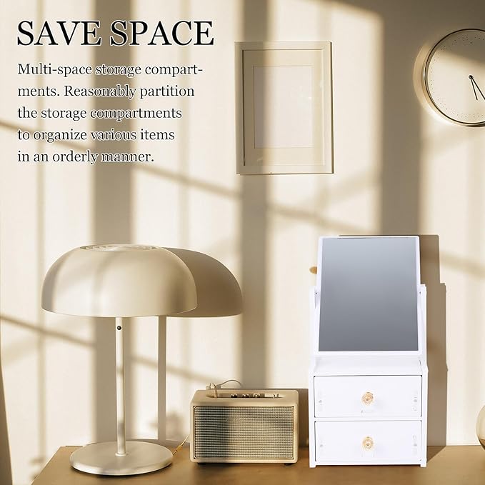 Wakauto Desktop PVC Makeup Mirror with Storage Box, Portable Vanity Mirror with Double Drawers, Cosmetic Organizer for Home Use and Bedroom Dresser