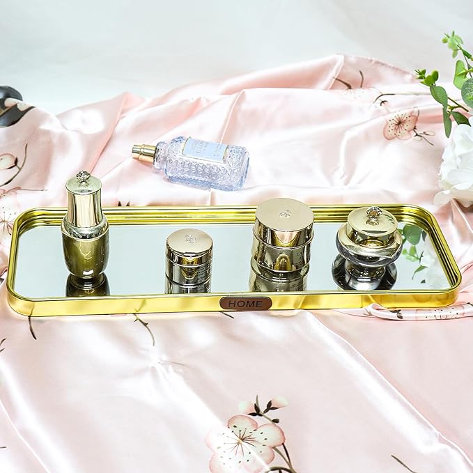 Luxury Mirrored Vanity Tray, Large Rectangular Stainless Steel Perfume Organizer, Gold Glass Mirror Decorative Tray for Makeup, Jewelry, Dresser, Bathroom Countertop (Gold)