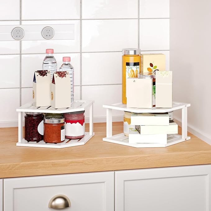 VERTORGAN Bamboo Corner Shelf(2 Pack),2 Tier Plate Organizer for Cabinet and Countertop,Pantry Dish and Spice Rack for Kitchen(White)