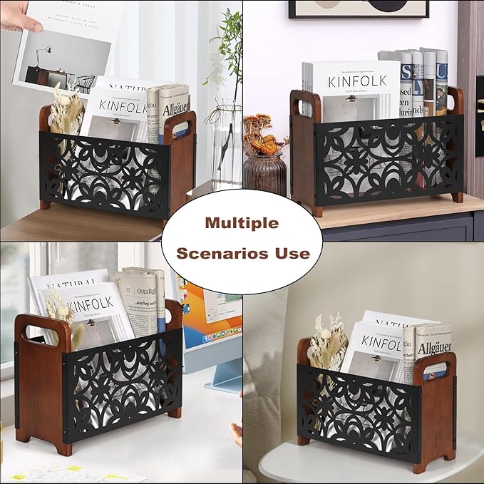QILICHZ Magazine Holder,Wood Magazine Rack Floor,Rustic Magazine File Holder Organizer,Decorative Magazines Storage Basket for Books,Newspapers,Mails,Files
