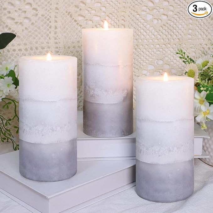 Set of 3 Scented Candles 3" x 6" Creamy Coconut Scented Hand Poured Grey White Pillar Candles Long Burning Smokeless Cotton Wick Candles Gift Set for Spa Wedding Home Decorations