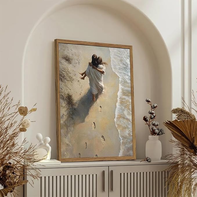 Jesus Hugging Woman Wall Art Jesus on the Beach Wall Decor 3D Textured Hand Drawn Sandstone Christian Decor Painting Footprints on the Beach Artwork for Bedroom Living Room 16x24 inch Wood Framed