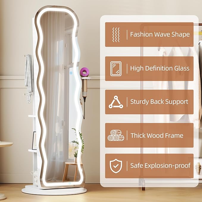 Vlsrka LED Mirror Jewelry Cabinet Standing, 360° Swivel Jewelry Aromire Organizer with Wavy Mirror, Lockable Jewelry Mirror with Storage, Jewelry Cabinet, Interior Mirror, Flodable Shelf, (LED White)