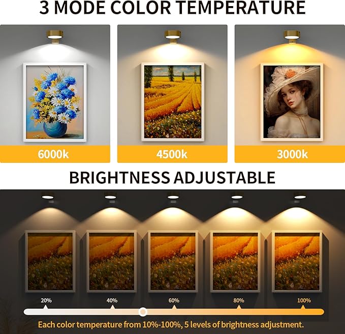 Narotood 6 Pack Picture Lights for Wall, Rechargeable Battery Operated Wall Lights, Picture Frame Lights with 3 Lighting Modes, Wireless Magnetic Painting Light with Remote Control Timer, (Golden)