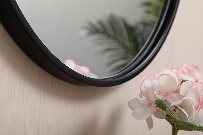 Focus 18x18 Round Wall Mirror, for Bathroom Bedroom Entryway, Black