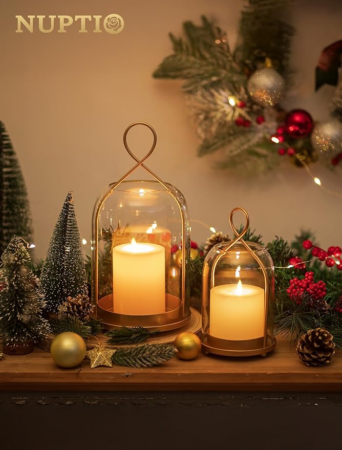 NUPTIO Glass Lanterns Decorative Outdoor: Gold Hurricane Candle Holders for Pillar Candles - Set of 2 Hanging Lantern for Home Thanksgiving Christmas Party Centerpiece