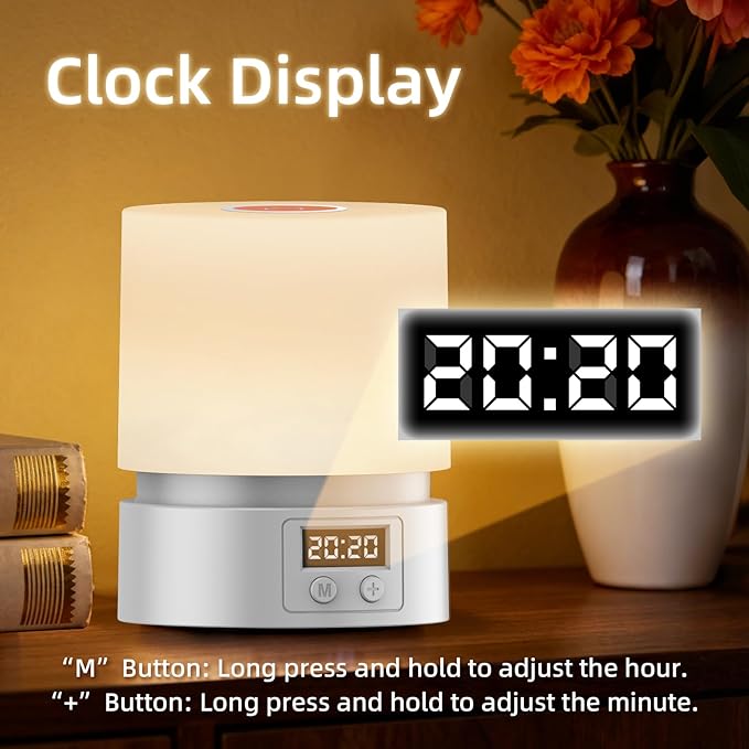 Nursery Night Light with Clock for Kids, Touch Lamp Bedside Desk Lamp, Portable Breastfeeding Night Lamp for Baby, 3 Color Stepless Dimming Up for Restaurant,Bedroom,Rechargeable (Grey)