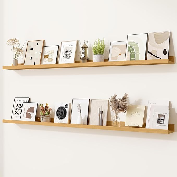 Heimlove Picture Ledge Shelf,56 inch Long Floating Shelves for Wall Set of 2,Picture Shelf with Lip for Wall Decor,Living Room,Bedroom,Bookshelf,Nursery,Perfume,Oak Color