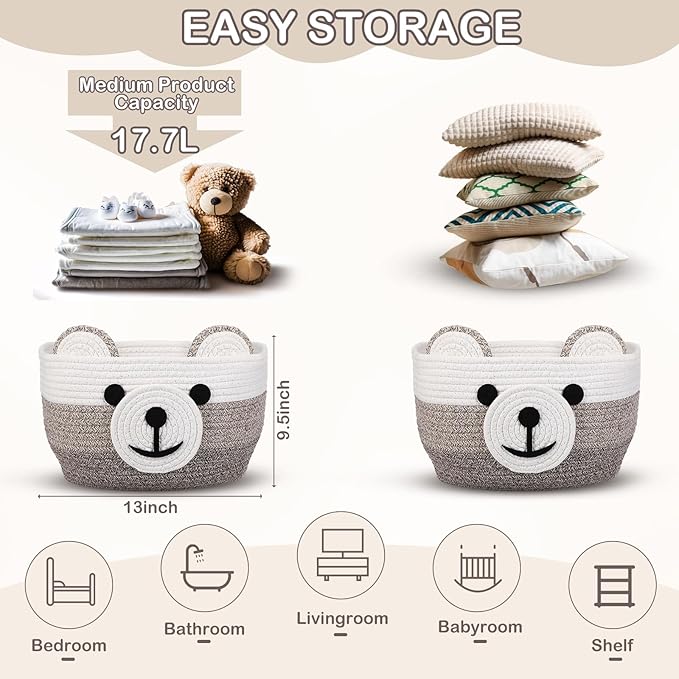 Zopeal Easter Bear Basket 13" D x 9.5" H for Nursery Cotton Rope Woven Bear Gift Empty Storage Basket with Handles Animal Hamper for Baby Shower Laundry Bathroom Home Decorative