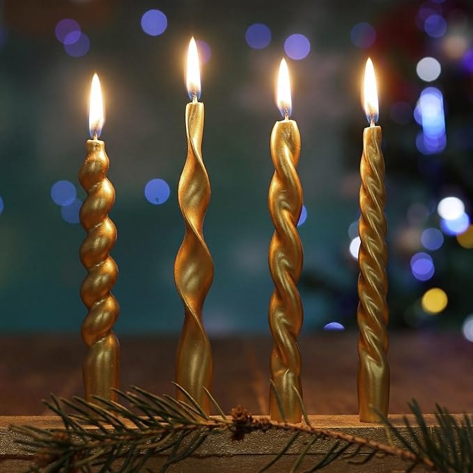 Nuanchu 4 Pcs Twisted Taper Candles Wax Unscented Smokeless Spiral Swirl Candlesticks for Wedding Holiday Dinner Party Home Decorations(7.87 Inch,Pure,Golden)