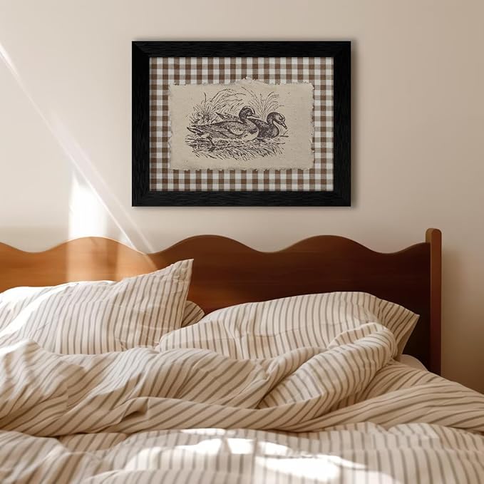 Nature Duck Animal Poster Vintage Brown Gingham Canvas Wall Art Rustic Cottagecore Pond Prints for Country Farmhouse Wall Decor 12X16 inch Black Framed
