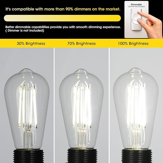 Gozelux LED Edison Bulbs 6W, Equivalent 60W, High Brightness Daylight White 5000K, 750 Lumens, ST58 Vintage LED Filament Bulbs with 90+ CRI, E26 Base, Dimmable, Clear Glass, Pack of 8