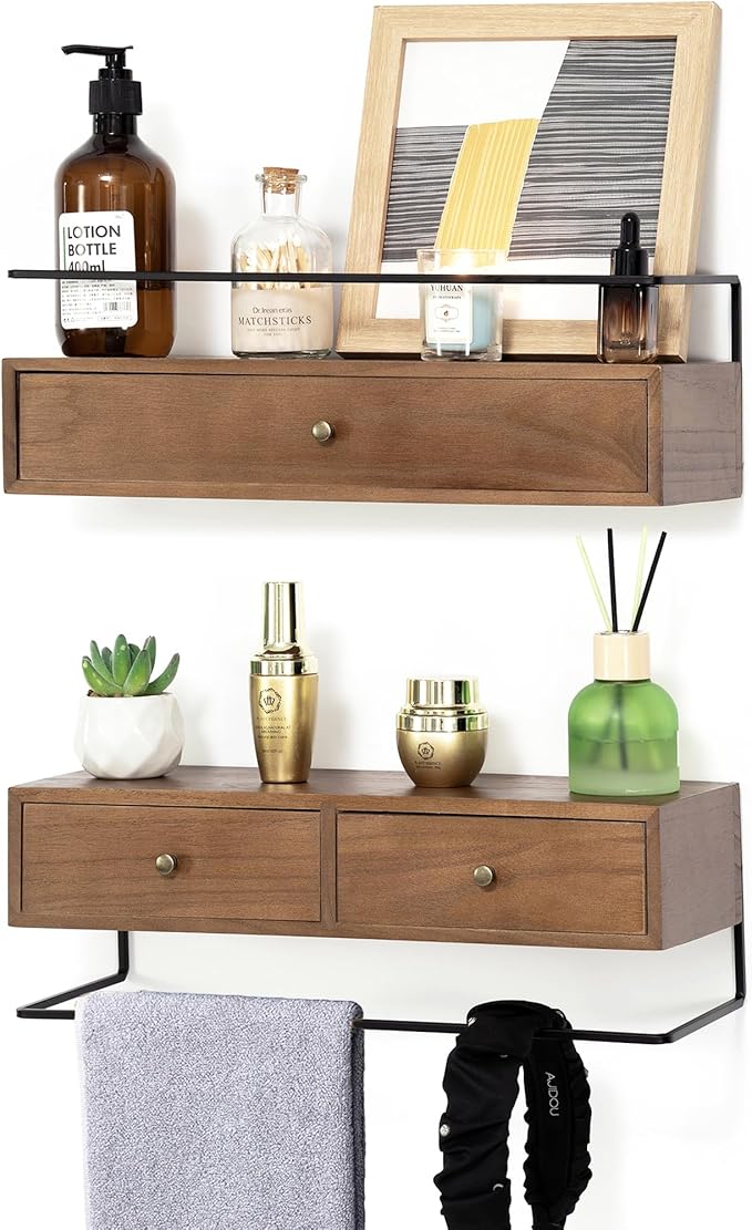 Floating Shelves for Wall Storage, Wall Mounted Bathroom Shelf with Drawers Set of 2, Rustic Wood Floating Drawers for Living Room, Kitchen, Home Decor, Plants, Books