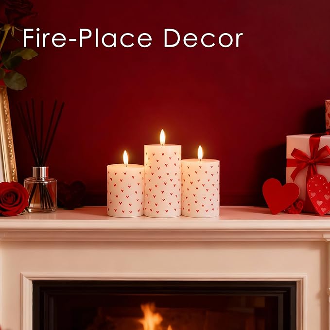 LUSHARBOR Flameless Candles with Remote, Battery Operated Pillar Candles for Valentine's Day Decoration Real Wax Electirc LED Candles for Romantic Home Table Centerpiece Decor Set of 3