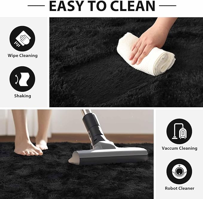 FinRèc 5x8 Feet Black Rugs for Living Room Bedroom, Fluffy Shaggy Area Rug, Non-Slip Soft Shag Rug for Nursery Kids Room Dorm Room Home Decor, Indoor Plush Floor Carpet
