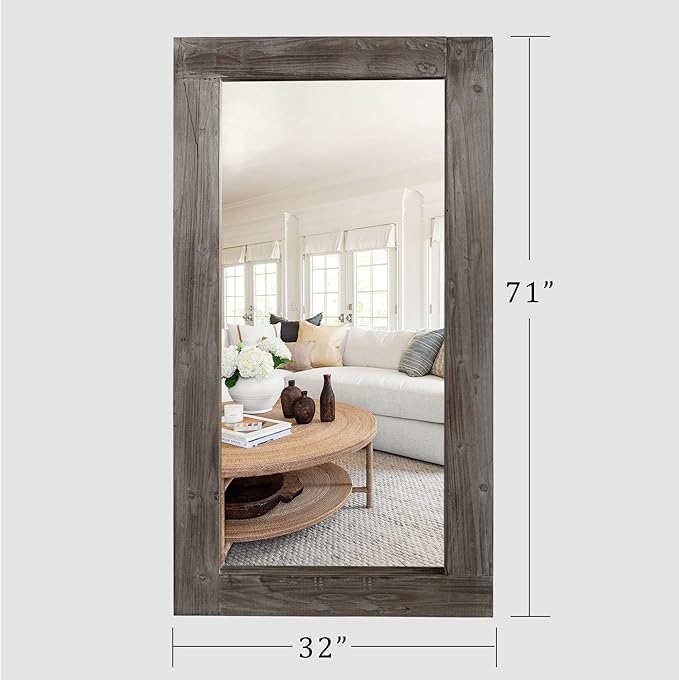 NeuType Floor Mirror Full Length, 71x32in Rustic Wood Frame Full Body Dressing Mirror, Wall-Mounted or Leaning Against Wall Standing Mirror, Farmhouse Decor for Bedroom Living Room,Retro White