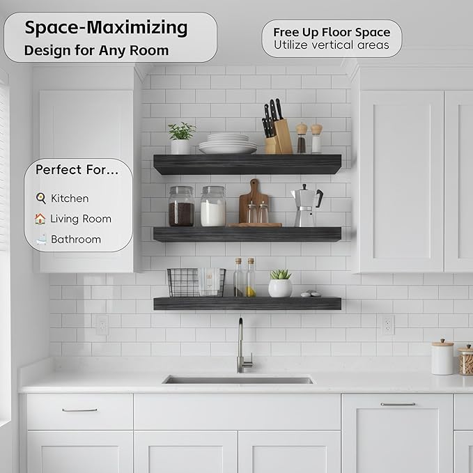 Lufia Floating Wall Shelves, Set of 4, MDF with Invisible Brackets, Modern Storage for Bedroom, Bathroom, Living Room, Kitchen (Black, 15.8" W x 5.5" D x 1.2" H)