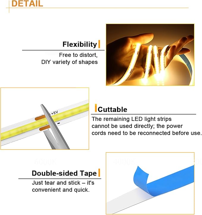 5V USB LED Strip Lights, 3.28FTx2 3Key COB Light Strip Warm White, Short LED Strip Light, Flexible Bright 5V Led Strip for Under Cabinet, Kitchen, TV Backlight, Shelves, Displays and TV Lights