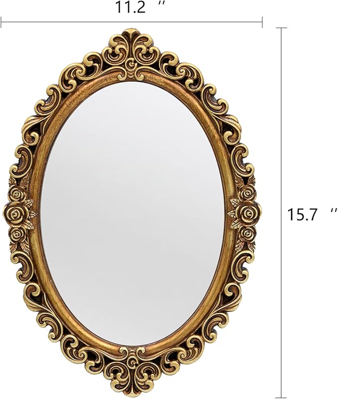 OIGUMR Small Oval Wall Mirror Resin Frame Size：15.7 x 11.2 inch.Vintage Hanging Mirrors for Bedroom Living-Room Dresser Decor Gold