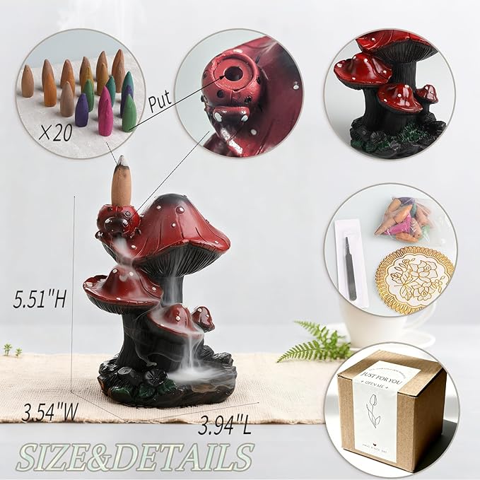 Incense Holder Waterfall Backflow Incense Burner Mushroom Decor with 20 Cones, Resin Relaxation Burner for Palo Santo, Home Office Meditation Desk Decor Zen Cottagecore for Mom