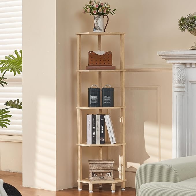YUFAM 5-Tier Corner Shelf with Sturdy 5-Leg Base, 52in Tall Narrow Bookcase for Small Spaces, Wooden Plant Display Shelf, Thin Bookshelf for Living Room, Bedroom, Office, Natural