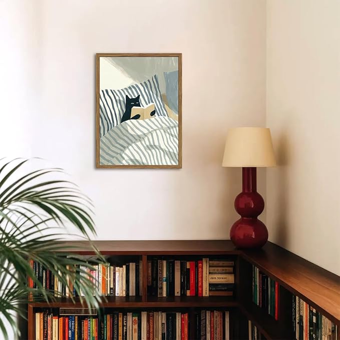 Funny Black Cat Wall Art Painting, Whimsical Cat in Stripe Bed Reading Wall Decor, Cute Animal Book Lover Blue and White Poster Canvas Prints for Bedroom Living Room 12x16 inch Wood Framed