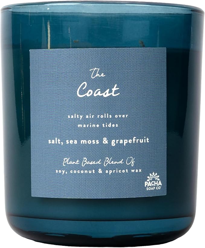 Pacha Soap Co. The Coast Candle - Salt, Sea Moss, and Grapefruit Scented, Soy, Coconut & Apricot Wax Blend, Cotton Wick, 60+ Hour Burn Time, Paraffin-Free, Recyclable, Long-Lasting, Made in USA, 12 oz