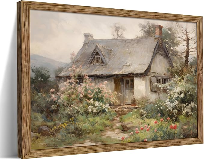 Framed Farmhouse Wall Decor, Country Cottage Pictures Wall Art, Pastoral Nature Landscape Canvas Print, Vintage Farm House Oil Painting Artwork for Bedroom Living Room – 8x10 inch