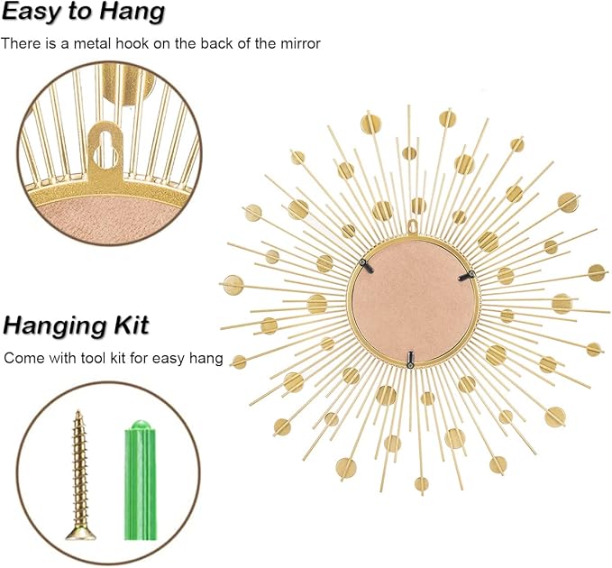 Gold Sunburst Mirror for Wall Decor Metal Sun Wall Mirror Decorative with Crystal Diamond for Living Room Bedroom Entryway Large Circle Mid Century Modern Starburst Wall Hanging 24 Inch