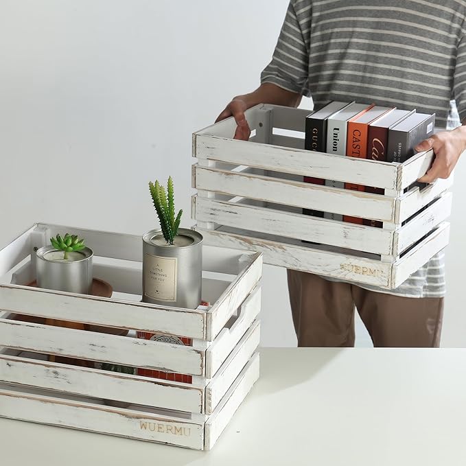 White Wooden Crates are Suitable for Storage, Milk Crates, Wine Crates, Festival Decorations, Camping, and Other Multi-Purpose. They are Sturdy and Durable, set of 2 Length of 17.7 inches.