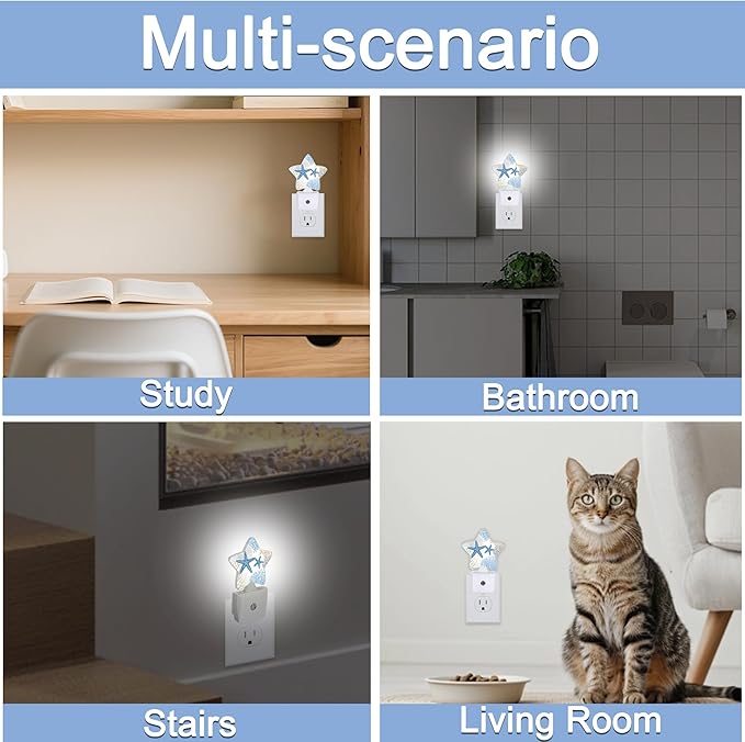 Ocean Starfish Coral Night Light,Coastal Beach Plug-in Star Night Lights with Dusk-to-Dawn Sensor for Bedroom,Bathroom,Living Room Sleep Friendly Lamp for Women Girls Boys Gift,0.5W
