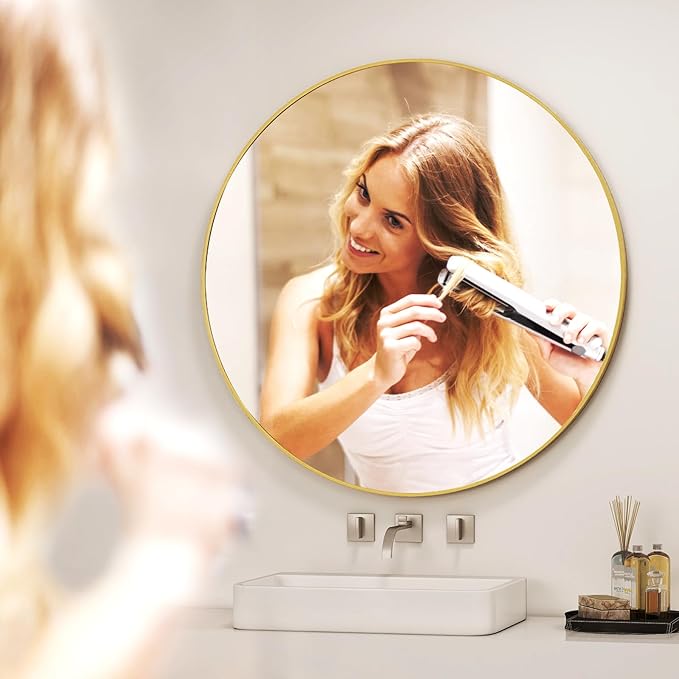 42 Inch Round Bathroom Mirror - Gold Wall Mounted Circle Mirror with Metal Frame, Modern Round Hanging Mirror Suitable for Bathroom, Vanity, Entryway, Living Room