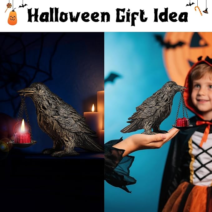 Gothic Crow Lamp with Tealight Candle Holder Resin Raven Decor Statue Gothic Home Decor for Bedroom Unique Goth Gifts Half Gold 2P