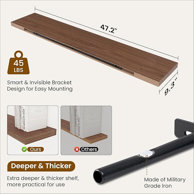 Fun Memories 48 Inch Walnut Floating Shelves, 9.3 Inch Deep Wall Shelves for Living Room|Bedroom|Kitchen, Rusitc Wall Mounted Bathroom Shelves 2 Pack, Heavy-Duty Deep Shelf for Books，Decor