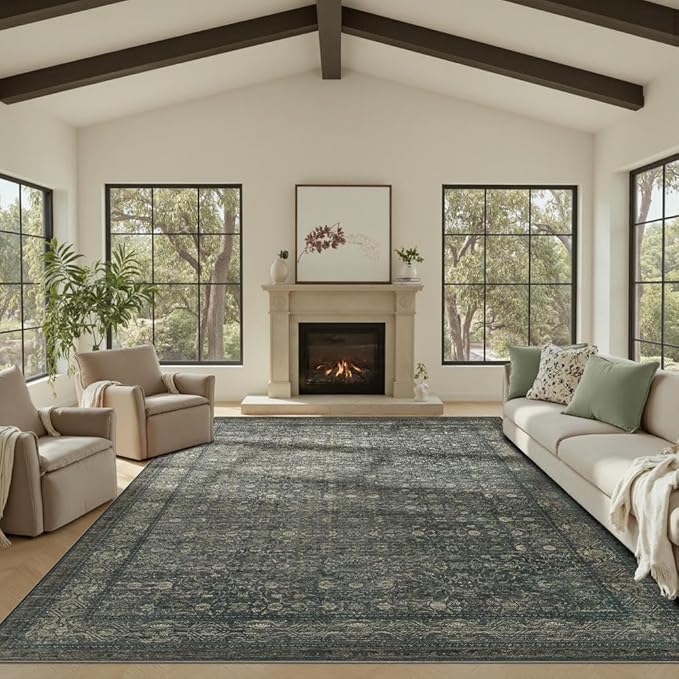 8x10 Washable Area Rug for Living Room, Extra Large,Green Vintage Floral Boho Rugs for Dining Room, Farmhouse, Durable Low Pile Non Slip Carpet for High Traffic Areas, Moss Brown