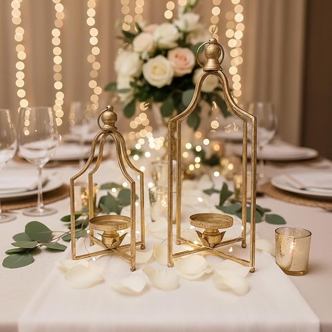 12.5" & 16.5" Timeless Cozy Decorative Lanterns Set of 2, Handcrafted Metal Iron Candle Holders, Farmhouse Elegance Fireplace Mantel Table Festive Gatherings Decor (Antique Gold)