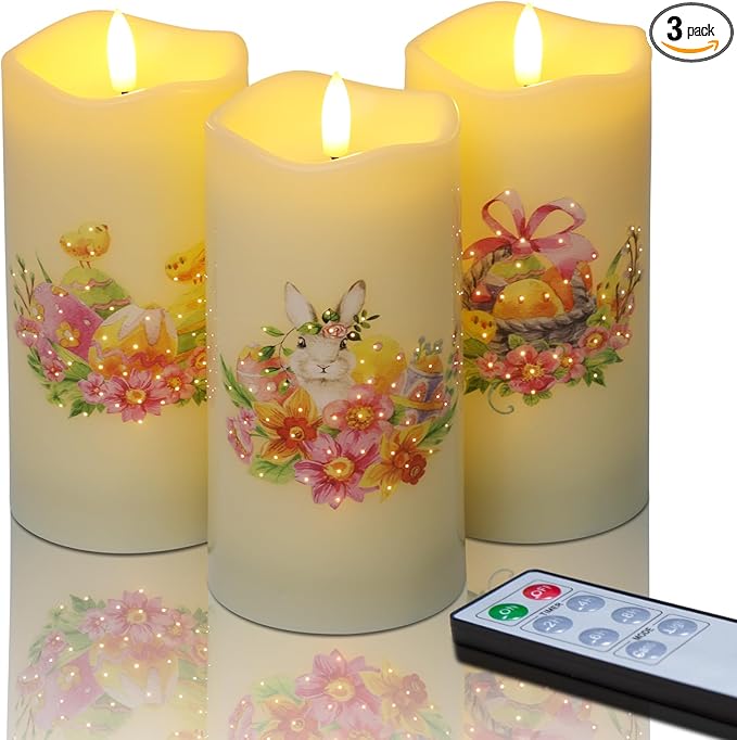 Eywamage Fiber Optic Spring Flameless Candles with Remote, Flickering Easter LED Pillar Candles Battery Operated Set of 3