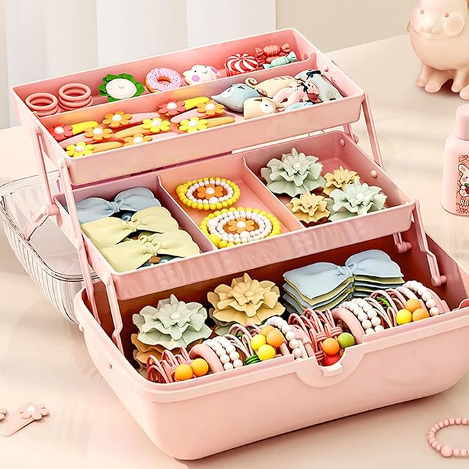 Hair Accessories Organizer for Girls, 3-Layers Foldable Hair Clip Organizer Box with Handle, Multifunctional Storage Box for Headband, Bows, Hairties, Jewelry, Sewing Supplies, Makeup Tool, Craft