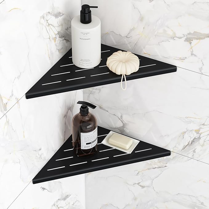 Qeke Corner Shower Shelves, 10” Recessed Tile Shower Shelf, 304 Stainless Steel Grout in Corner Tile Shower Shelves, No Drilling, Matte Black, 2 Pack