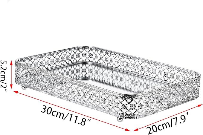 ELLDOO Perfume Mirror Tray Vanity Makeup Hollow-Carved Jewelry Organizer Glass Metal Trinket Storage Tray Home Decor Organizer for Dresser Bathroom Countertop,Silver,Medium Size