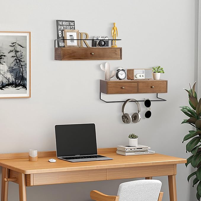Floating Shelves for Wall Storage, Wall Mounted Bathroom Shelf with Drawers Set of 2, Rustic Wood Floating Drawers for Living Room, Kitchen, Home Decor, Plants, Books