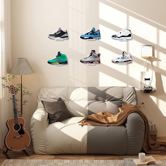 Floating Shoe Display Shelves Wall Mount Set of 6, Clear Acrylic Floating Sneaker Shelves, 8 x 3 Inch Acrylic Shoe Shelf for Wall, Shoe Display Shelf for Bedroom Hallways Sneaker Collections