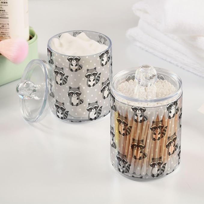 Raccoon Polka Dots Gray Print Bathroom Containers Holder with Lids Set Clear Jars 2 Pack Plastic Makeup Storage Organizer 4.13 x 2.75In for Balls Floss Picks Vanity