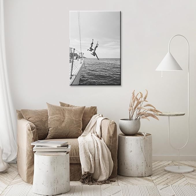 Retro Black And White 80s Trendy Wall Art Black And White Women Jumping Into Water Poster Summer Ocean Jump Sail Boat Yacht Wall Decor For Girl Room Beach Lovers Life 24x36in Wrapped Canvas