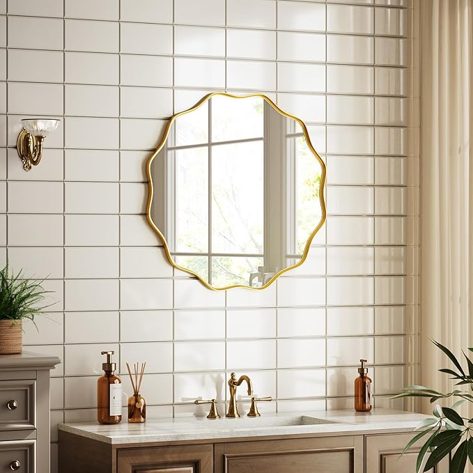 Round Wavy Mirror - 24 Inch Bathroom Vanity Mirror Metal Frame Circle Wall Mounted Mirror for Bedroom Living Room Entryway, Gold