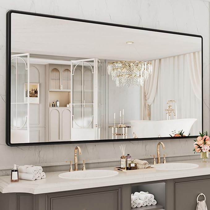 pertetey New Upgrade Bathroom Mirror, 72X40 Inch Black Metal Frame Wall Mounted Rounded Rectangle Bathroom Vanity Mirror with Tempered Glass for Washroom Bedroom Living Room