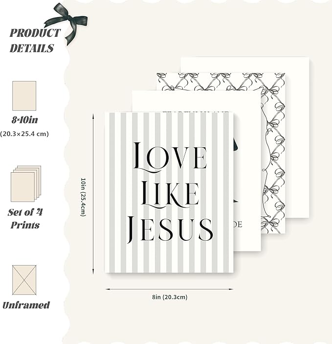 LARTSFRO Coquette Black Bow Jesus Wall Art Decor Posters, Black Bow Room Christian Bedroom Bathroom Wall Art Decor Aesthetic for Teen Girls College Gifts, Inspirational Bible Verses Bow Wall Decor, 10x8 Inch Set of 4 Bow Pictures(UNFRAMED)